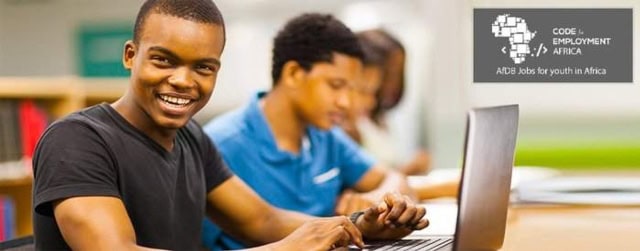 Young Kenyan students learning coding at the new Digital Skills Center.