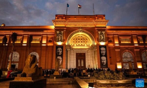 Cairo's Tahrir Square Museum illuminated during renovation opening.