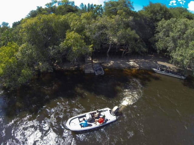 Boats navigating the river near lush green mangroves in Ghana.