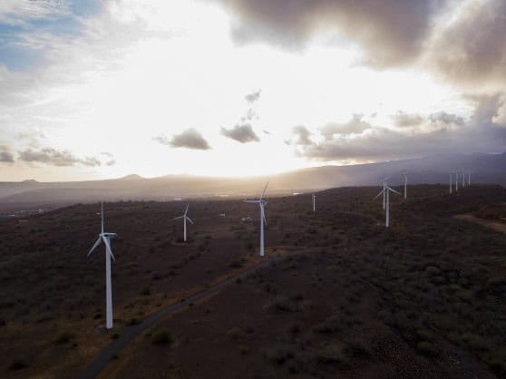 Wind turbines on a hill in Africa under cloudy sky.