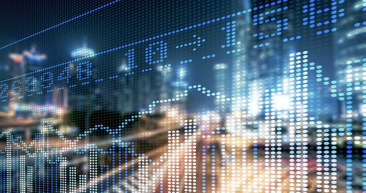 Digital stock market data with cityscape background for Africa.com event.