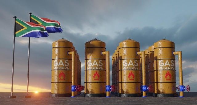 South African gas reserve tanks with flags, highlighting energy resources.