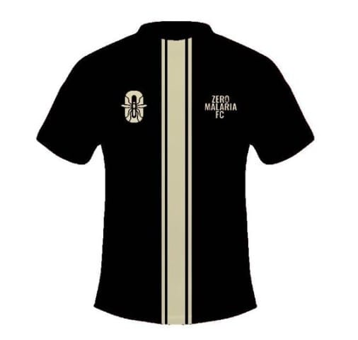 Zero Malaria FC jersey with logo and slogan supporting malaria eradication efforts.