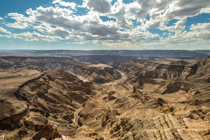 Stunning view of the Namib Desert canyon with rugged cliffs and deep valleys in Namibia.