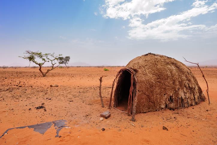 Traditional Namibian desert hut in arid landscape with sparse trees.