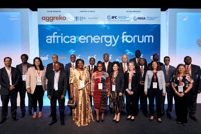 Group of diverse professionals at Africa Energy Forum on renewable energy progress in Africa.