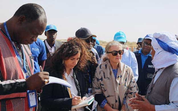 Group of diverse professionals discussing conflict prevention strategies in Mauritania.
