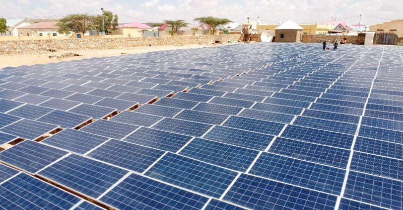 Solar panels installed in Africa supporting a just and inclusive energy transition.