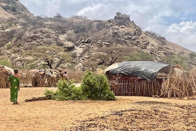 Kenyan pastoralists in drought-affected area with traditional huts and sparse vegetation.