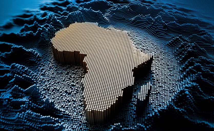Africa digital innovation map with blockchain and fintech icons.