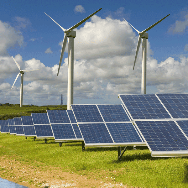Solar panels and wind turbines powering Africa's energy future.