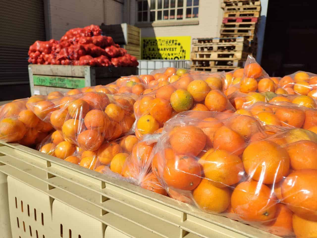 Fresh oranges in plastic bags at a South African market promoting food security.
