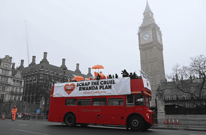 Protesters demonstrate in London against Rwanda's controversial, authoritarian legislation. Big Ben.