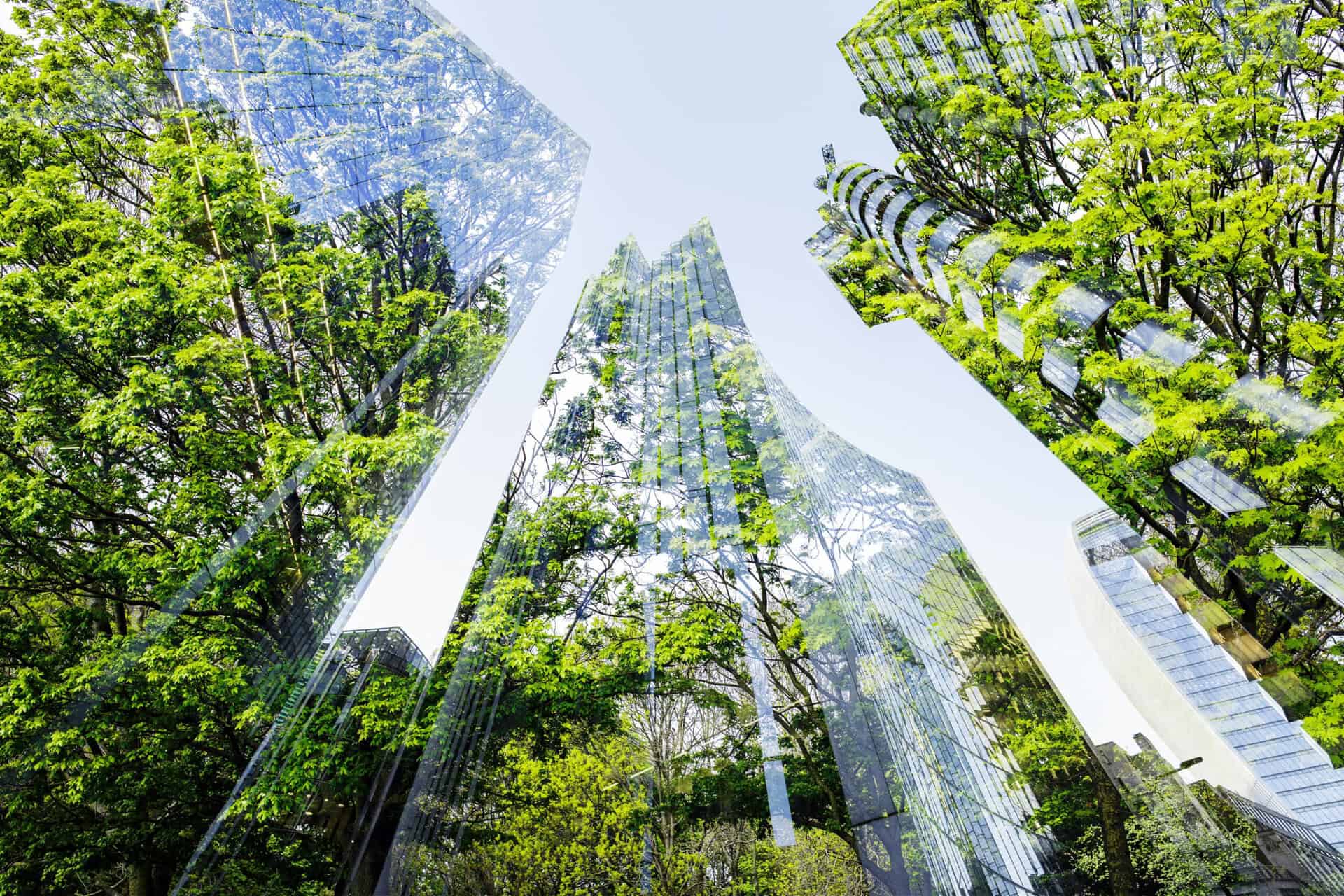 Modern eco-friendly buildings with lush greenery supporting sustainable development.