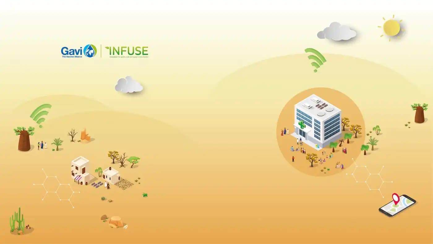 Illustration of a climate-resilient health system with innovative technology and community engagemen.