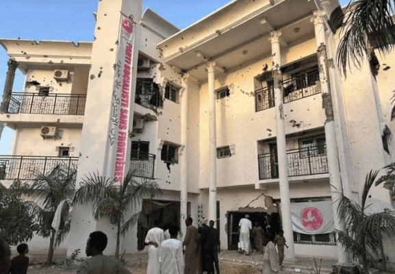 Damaged building in Chad after opposition leader attack, chaos and destruction.