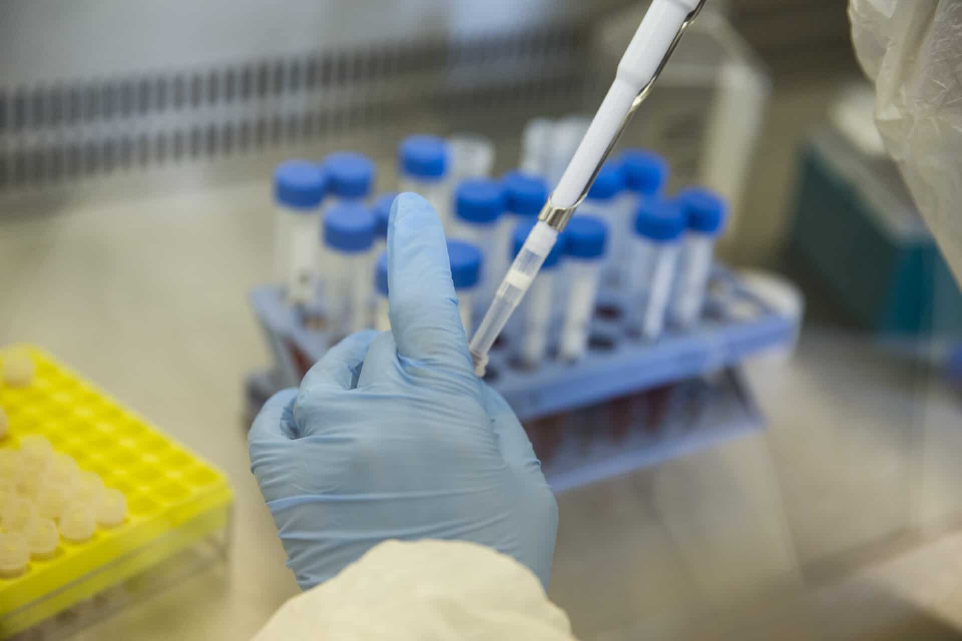 Scientist handling a pipette in a medical research lab for vaccine development.