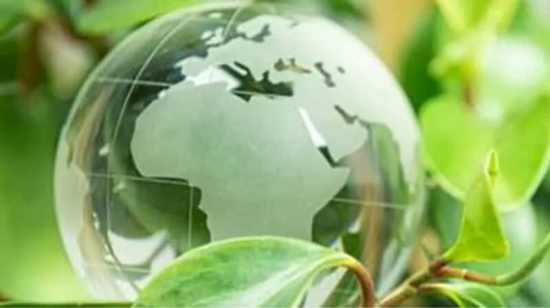 Glass globe with Africa map on green plant background, symbolizing sustainable finance.