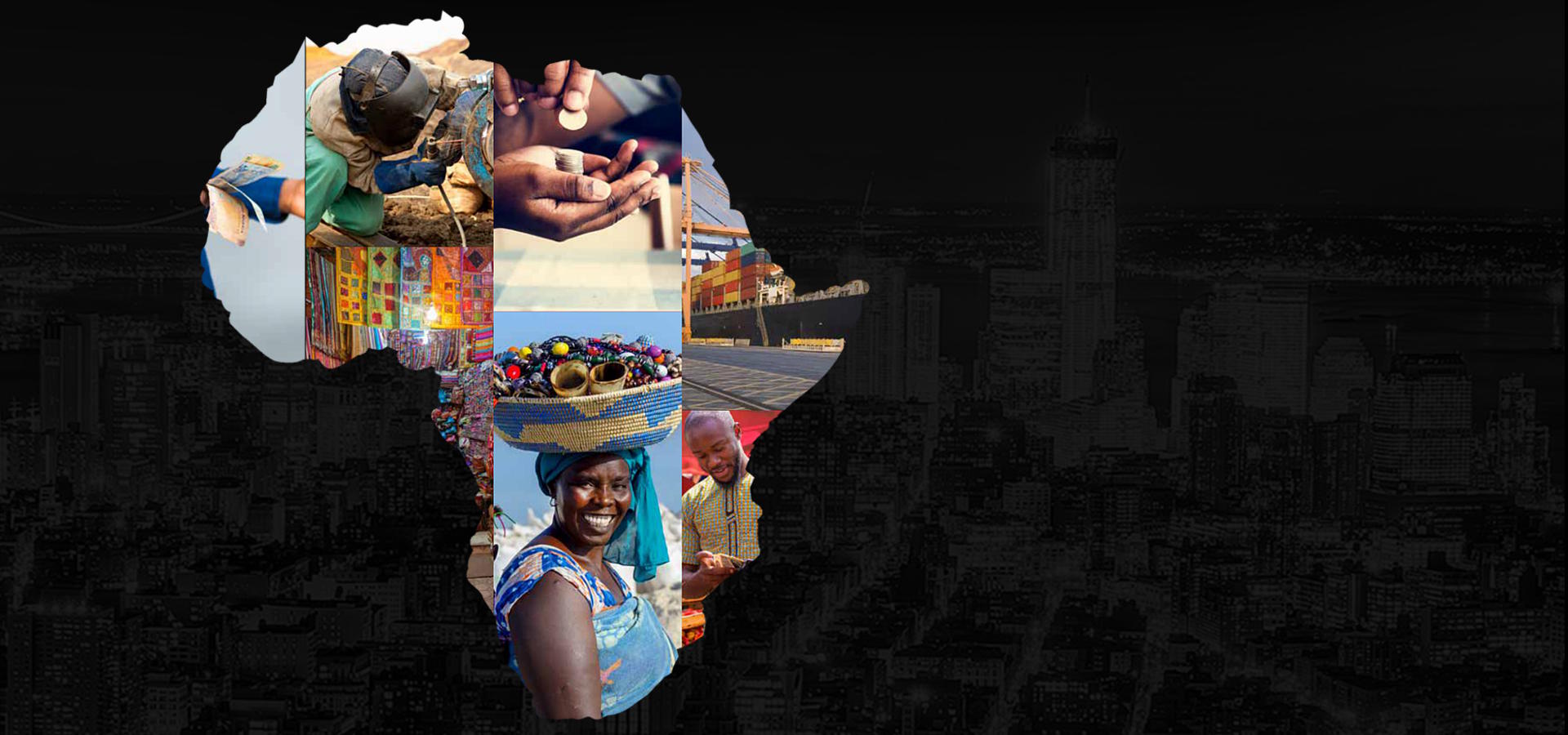 Collage of diverse African communities and landscapes promoting growth and opportunity.