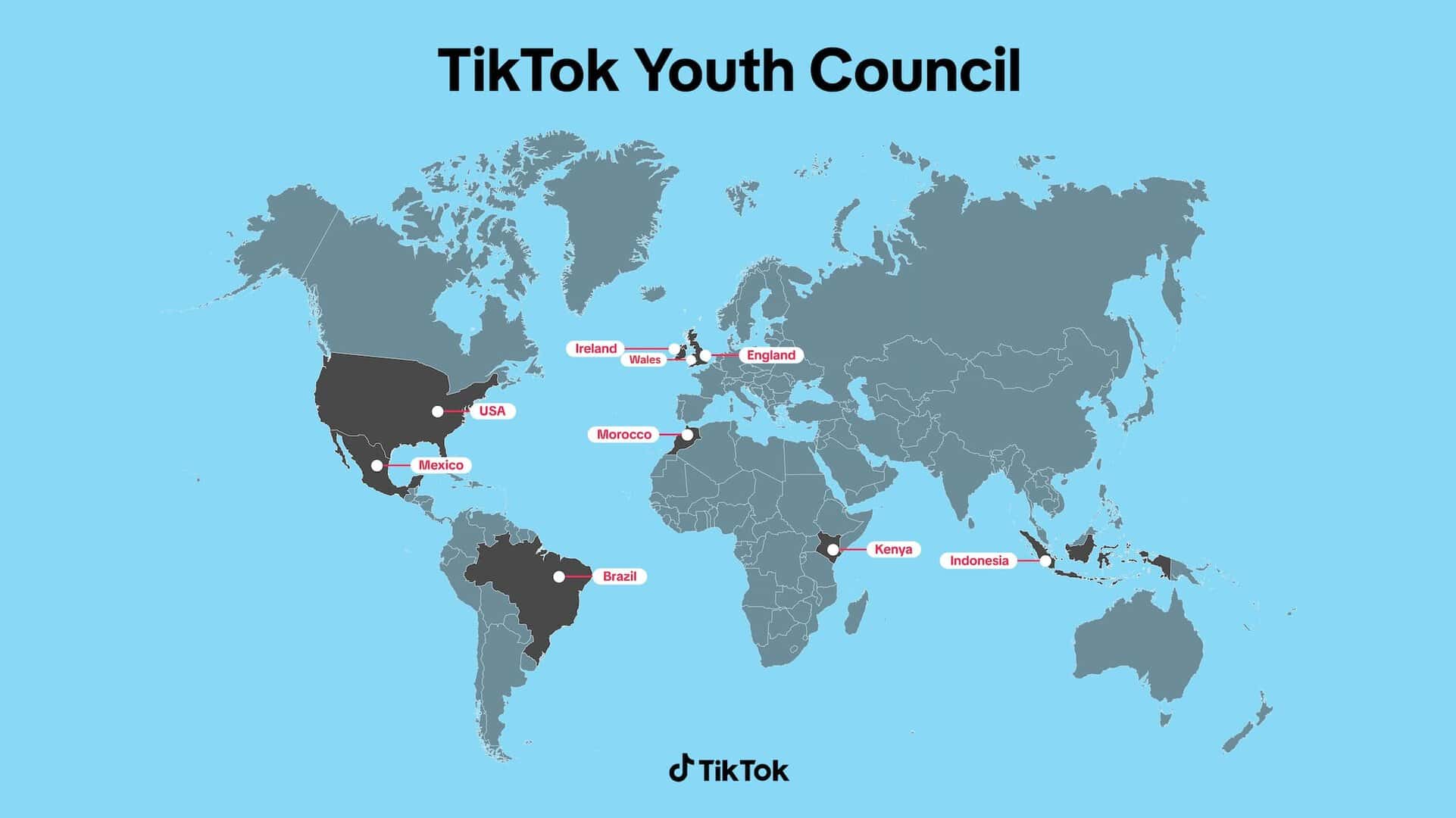 Map showing countries involved in TikTok's Youth Council initiative worldwide.