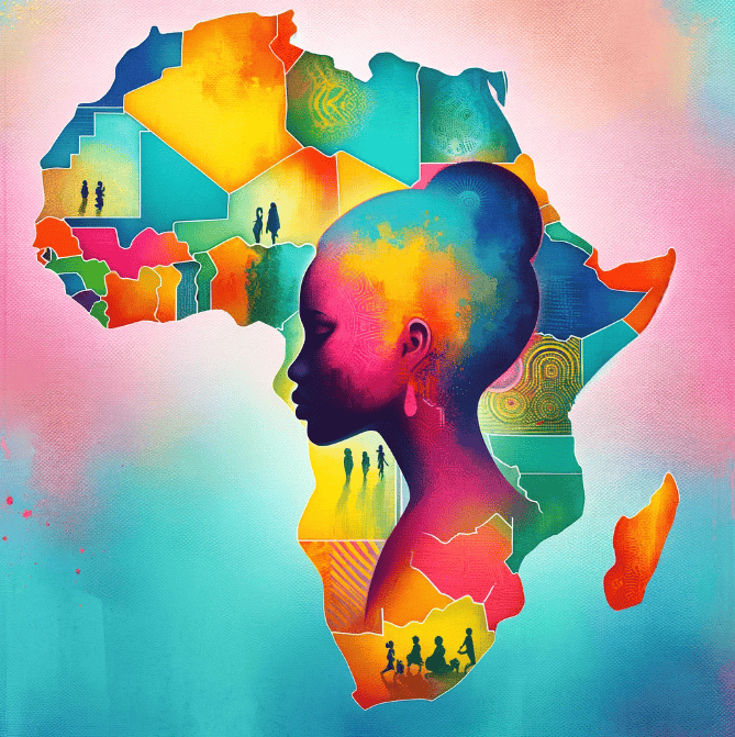 Illustration of a woman’s profile with Africa map background highlighting gender equality.