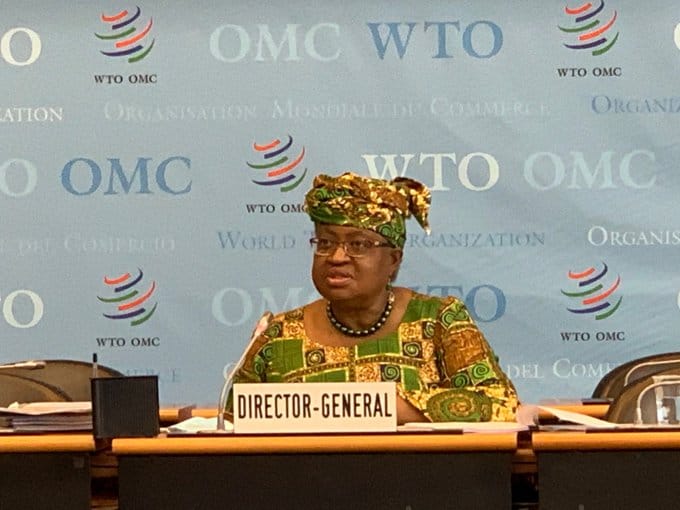 African woman in traditional attire speaking at WTO event on Naira stabilization.