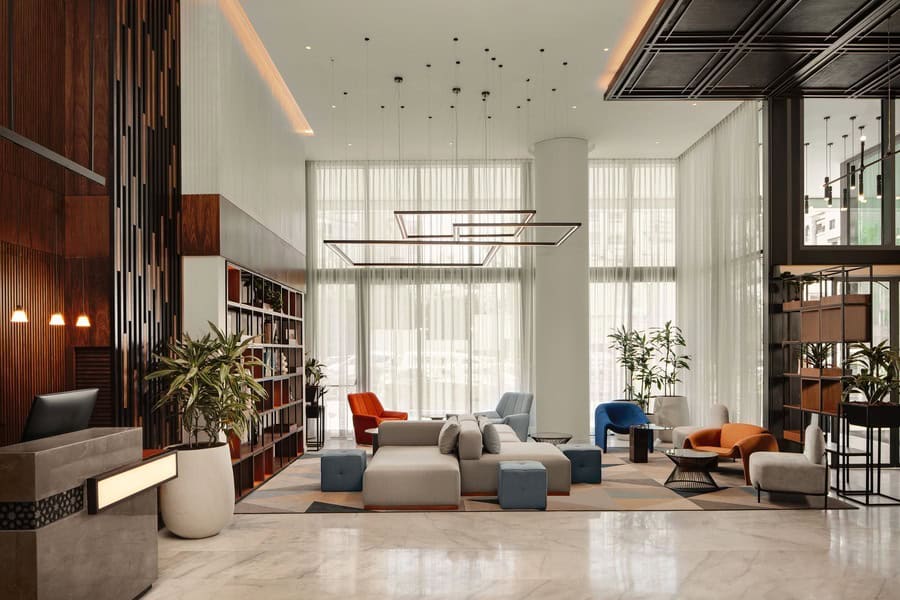 Elegant hotel lobby in Africa featuring contemporary decor and comfortable seating arrangements.