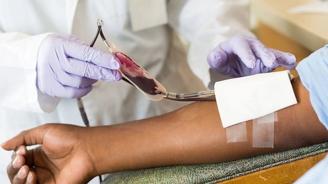 Healthcare professional drawing blood from a donor's arm for blood donation.