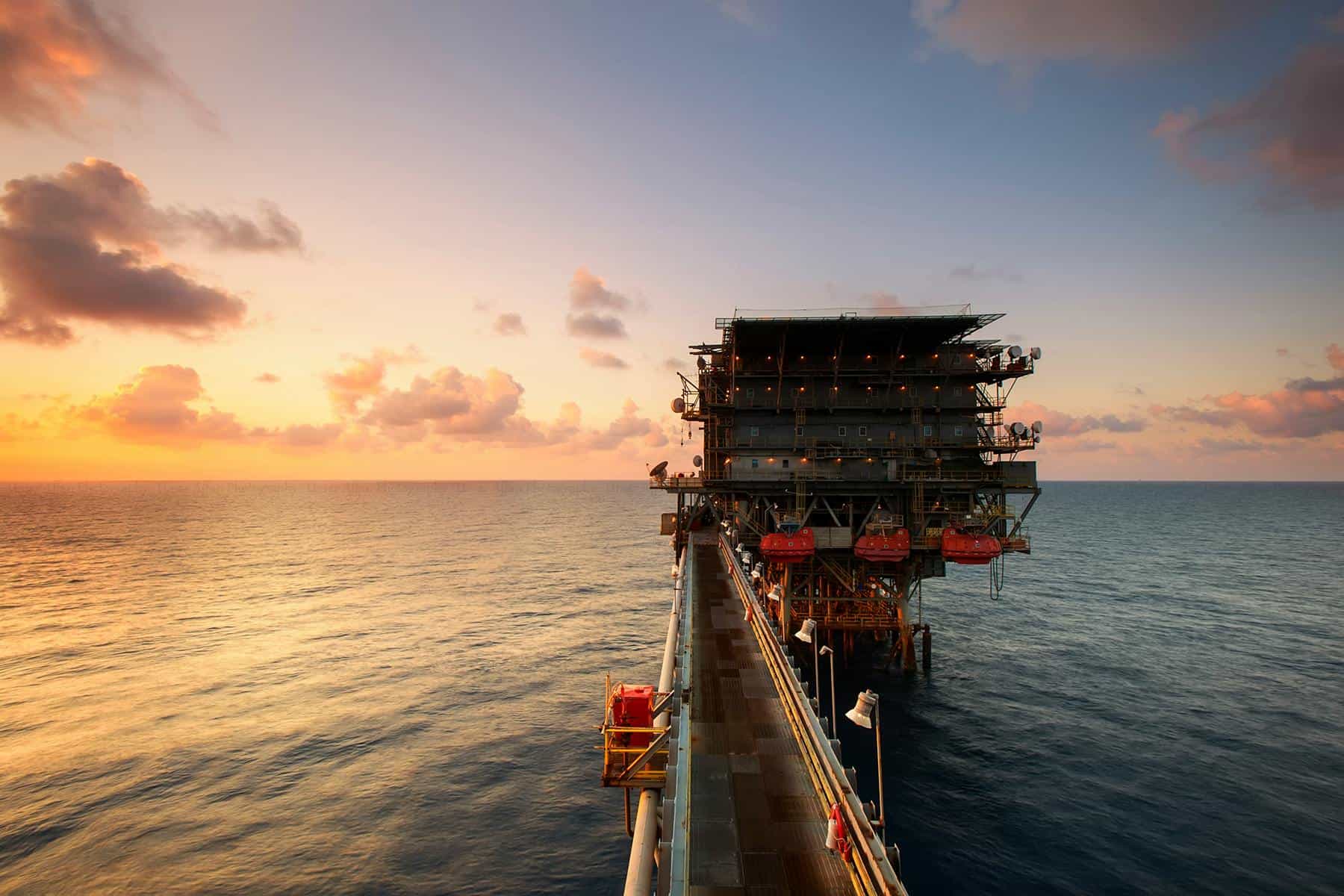 Oil platform at sunset in Namibia’s offshore oil and gas field.