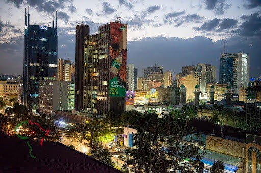 Urban skyline of Nairobi, Kenya, showcasing modern skyscrapers and vibrant city life.