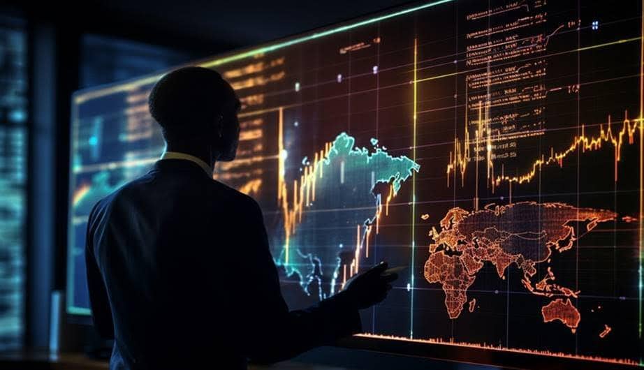Businessman analyzing global financial data on a digital screen in Africa.