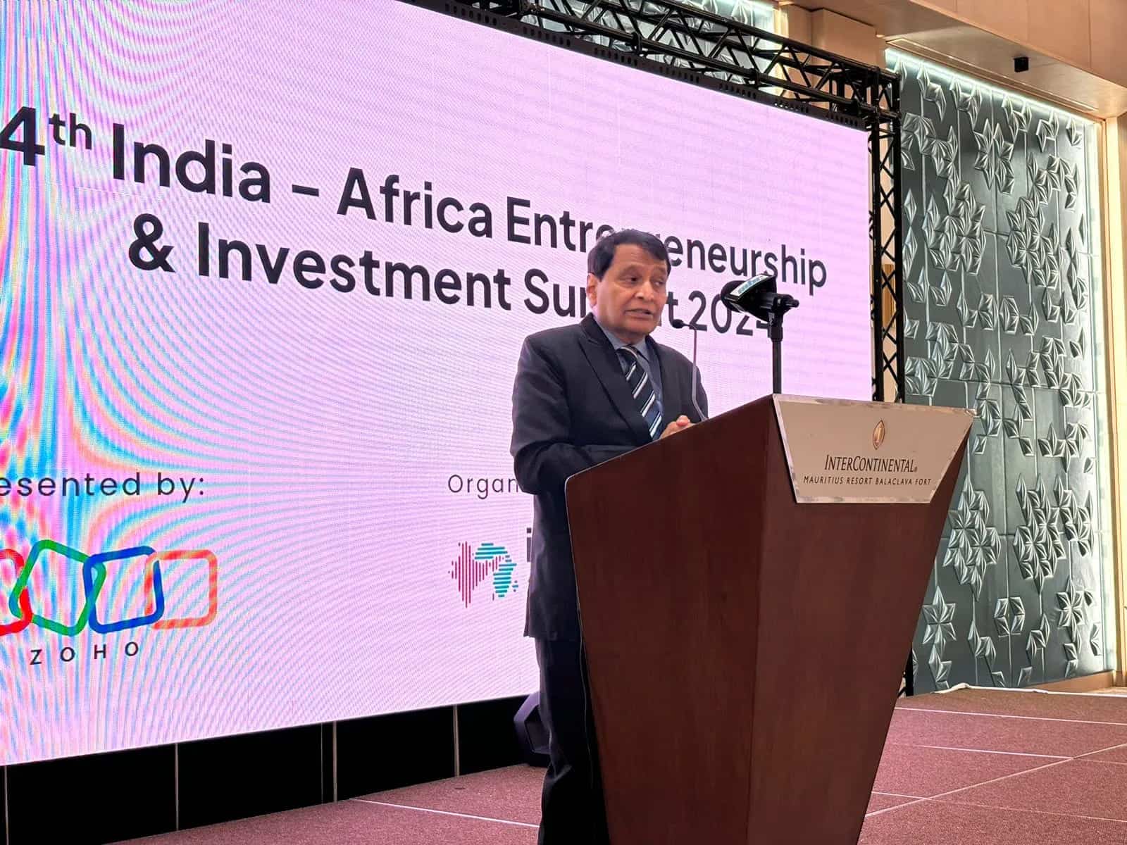India-Africa Entrepreneurship and Investment Summit 2024 speaker at podium.