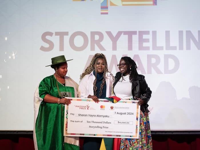 Young African entrepreneurs celebrate their storytelling award victory.