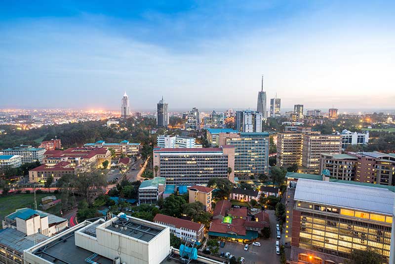 Nairobi city skyline at dusk, showcasing Africa’s financial hub.