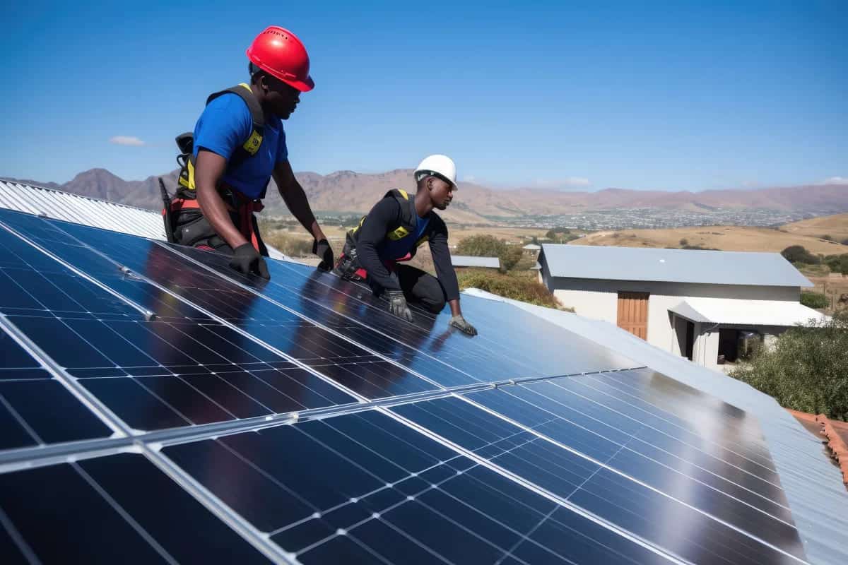 Workers installing solar panels on rooftops in Africa to promote renewable energy investments.