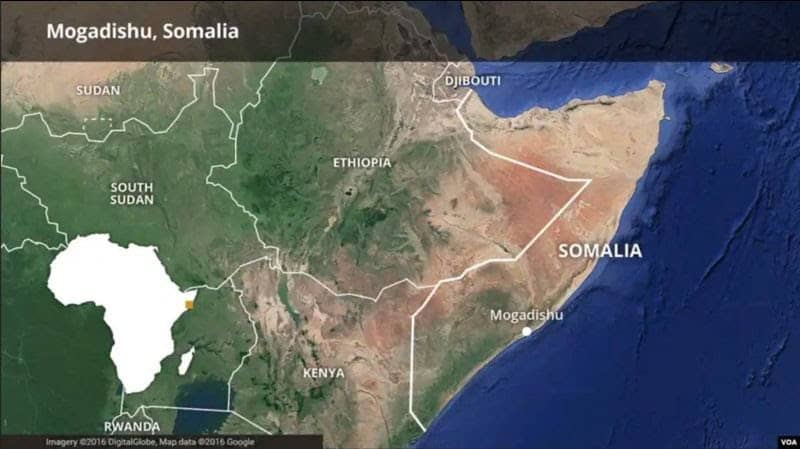 Modern map highlighting Mogadishu, Somalia, and surrounding regions.