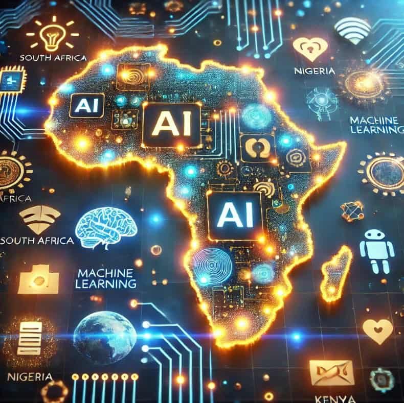 Africa map highlighting AI and tech icons for economic growth.