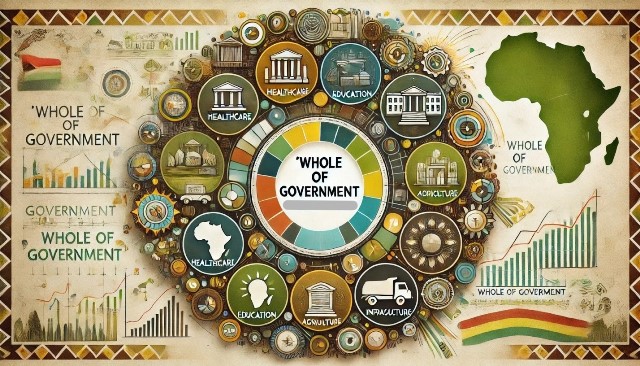 African leadership and governance concepts with health, education, and infrastructure icons.