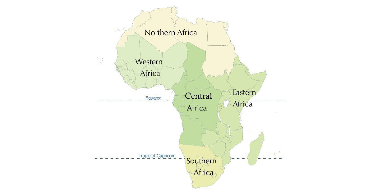 Map of Africa showing regional divisions including North, West, Central, East, and Southern Africa.