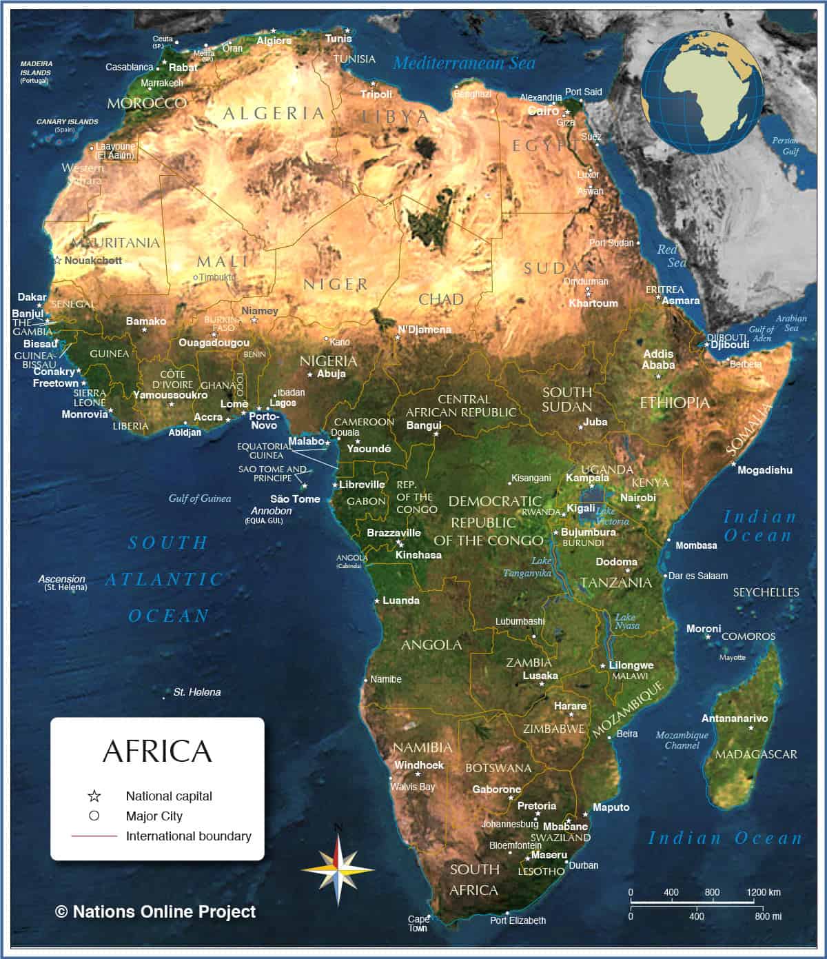 Africa map showing countries, major cities, and boundaries.