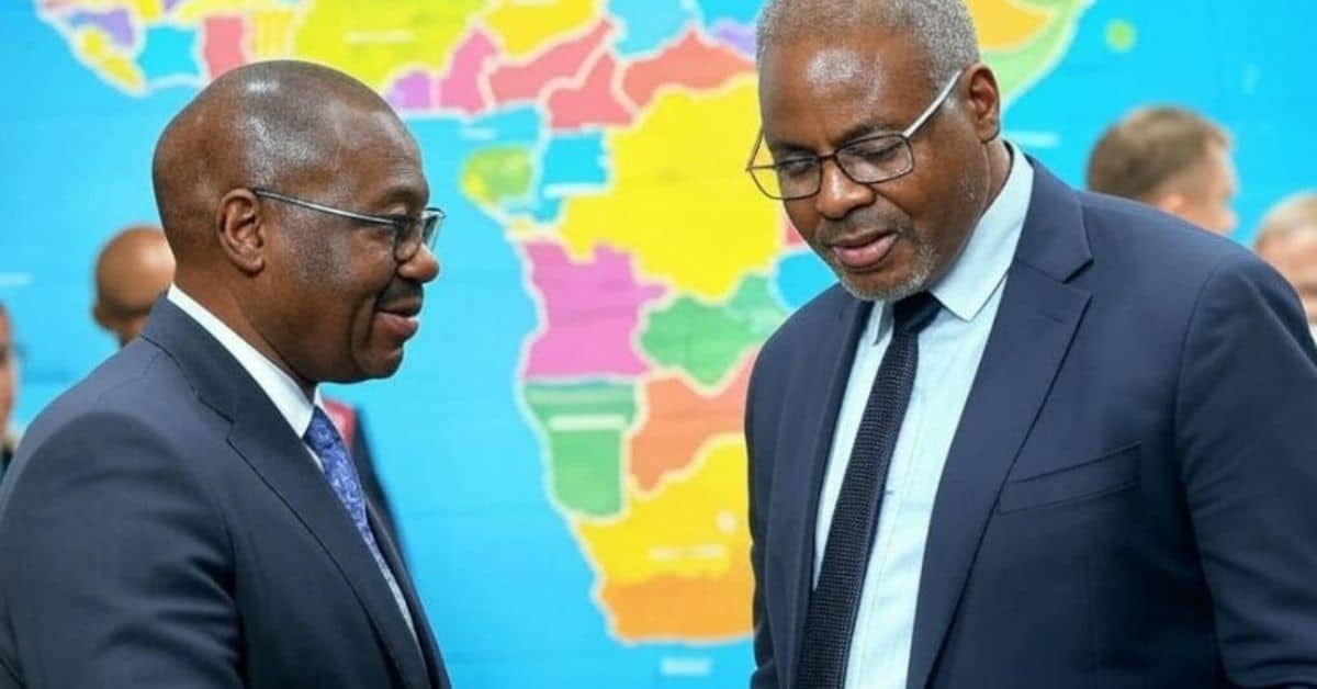 African leaders discuss digital public infrastructure strategies in front of a colorful Africa map.