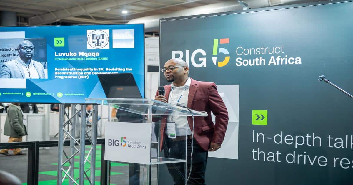 Speaker at Africa Infrastructure Expo discussing South Africa's construction sector.