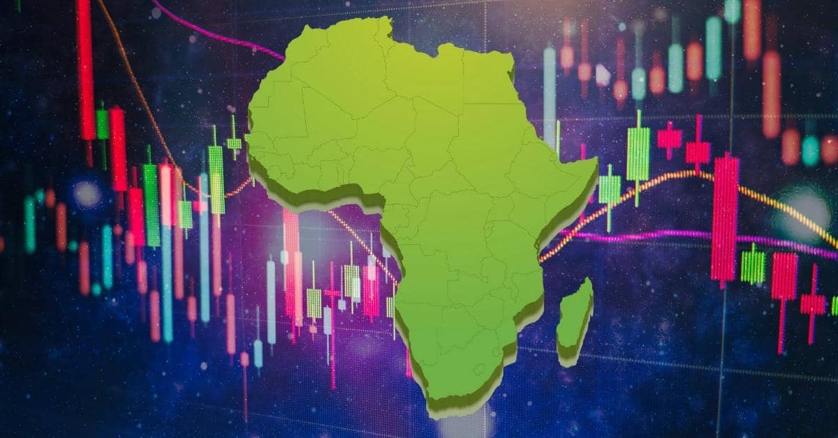 Map of Africa with stock market graphs showing economic trends and investment insights.