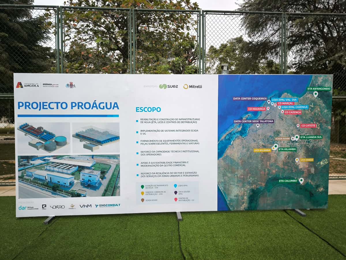 Angola water project signboard with project details and map.