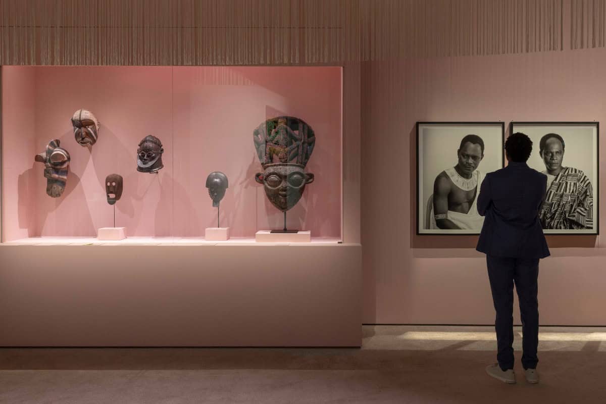 African masks and portraits displayed at an art gallery in the UAE, showcasing Africa’s rich cultura.