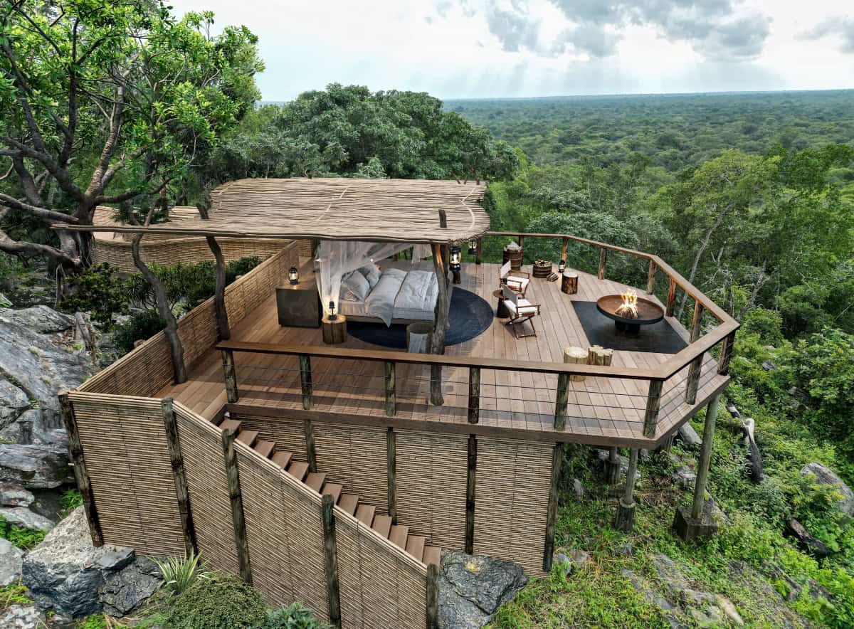 Elevated safari deck overlooking Zambian wilderness with luxurious amenities.