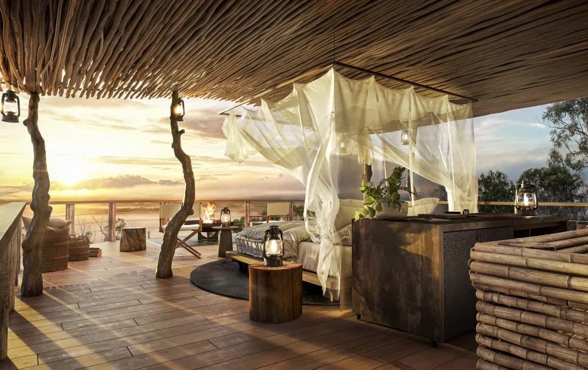 Luxurious safari lounge with stunning sunset views in Zambia.