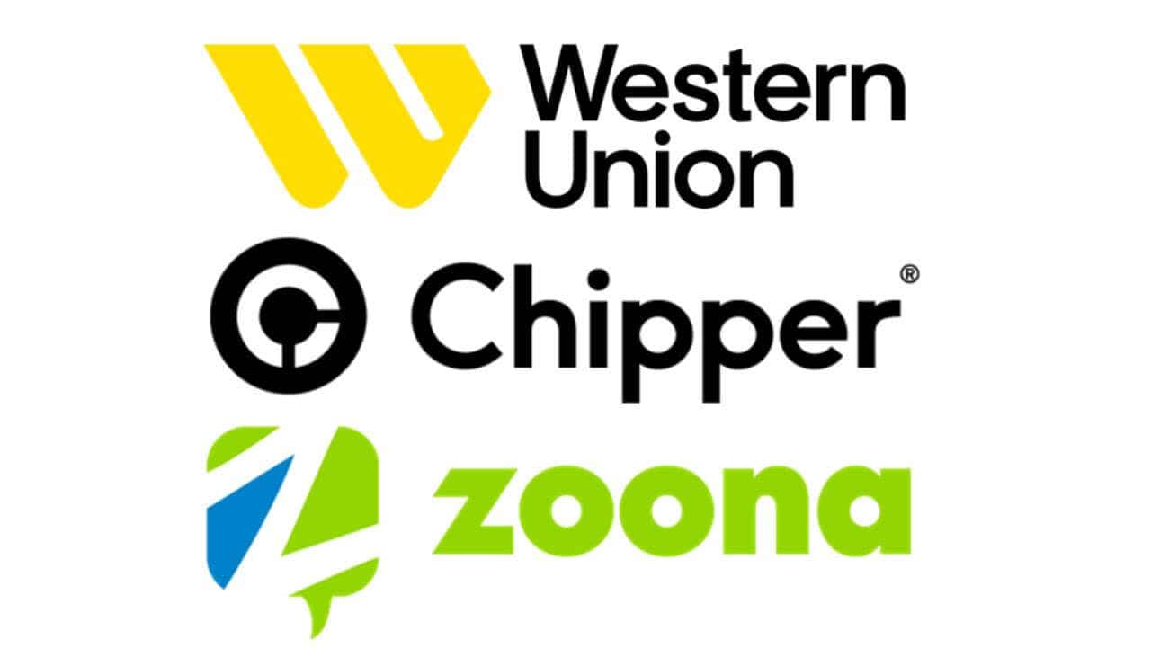 Western Union, Zoona, and Chipper Cash logos for international money transfer services.