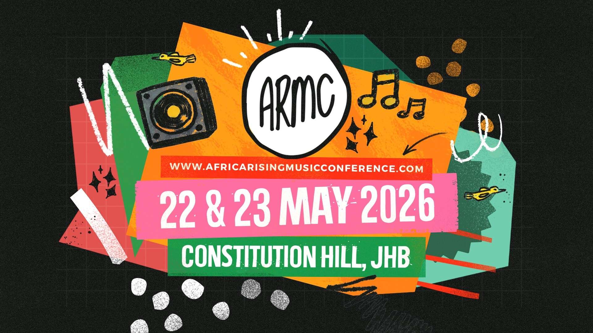 ARMC logo with event details and musical icons.