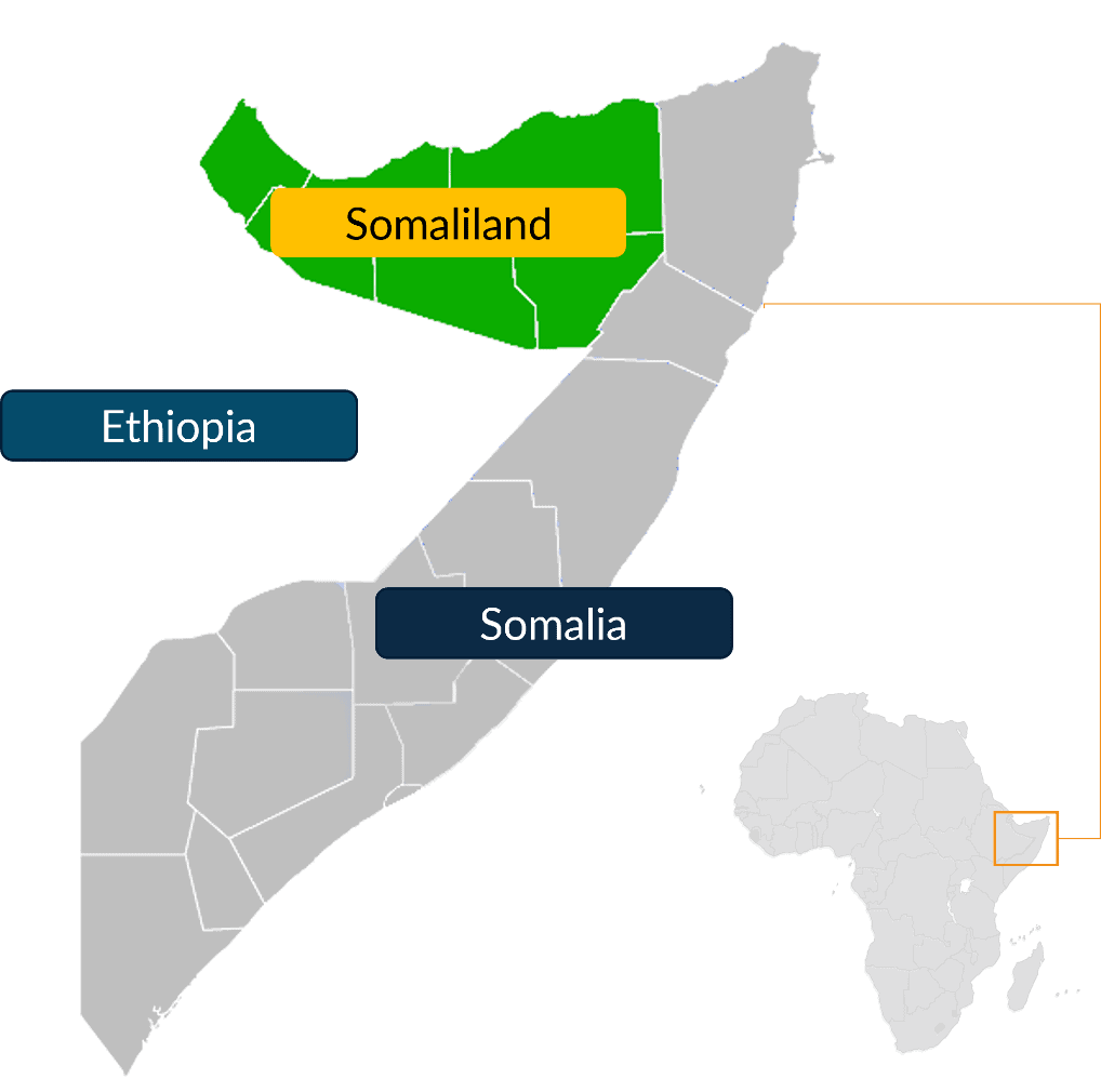 Somaliland and Somalia map showing the regions in East Africa.